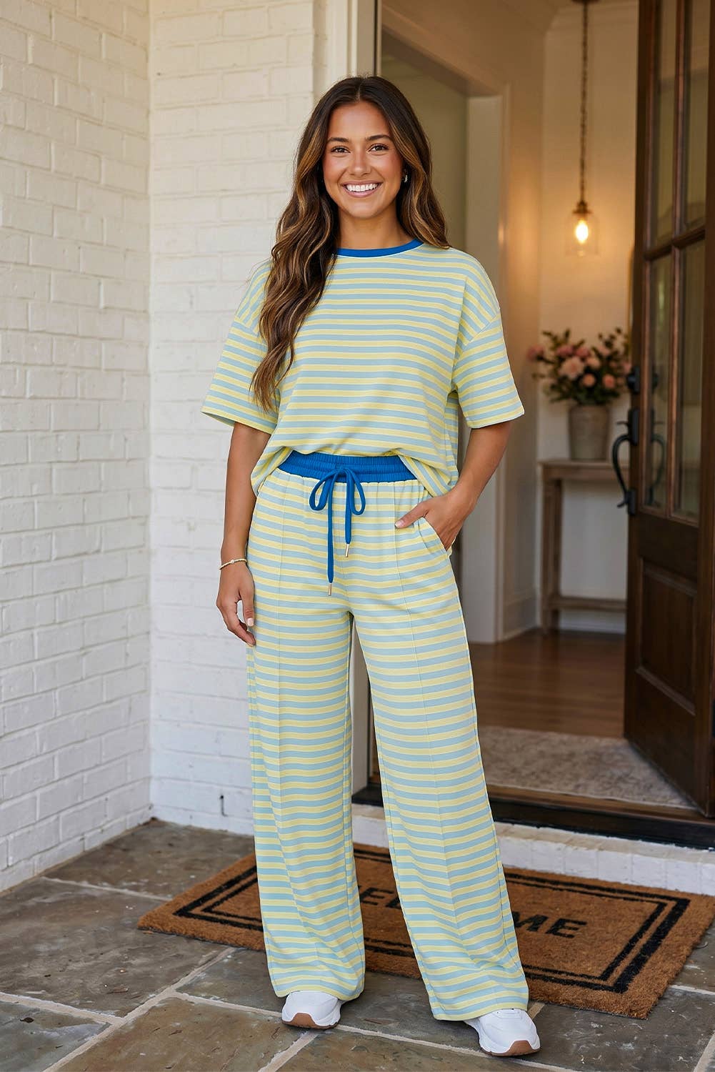 Stripe Drawstring Casual Lounge 2 Piece Set