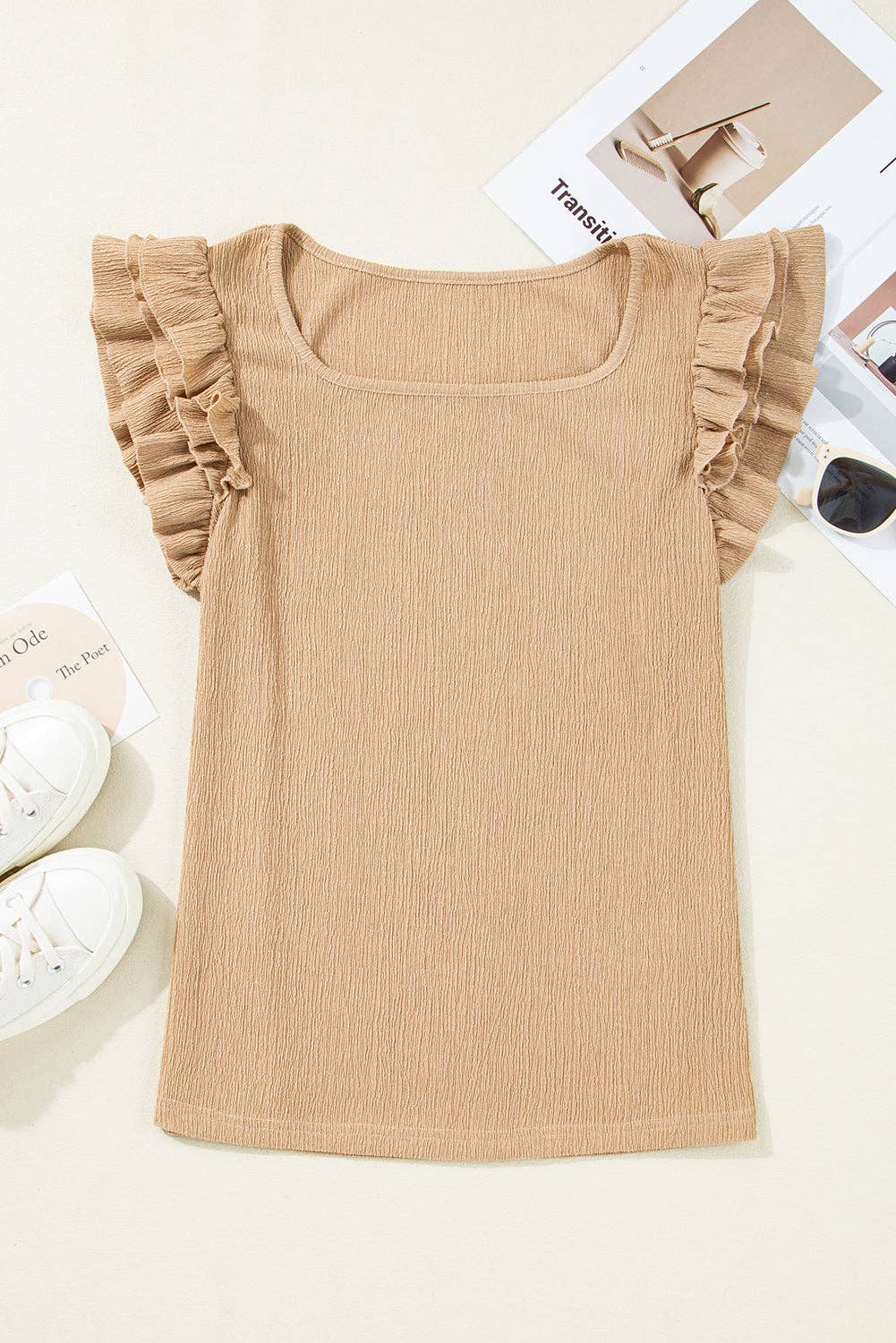 Ruffled Tiered Sleeve Square Neck Textured Top