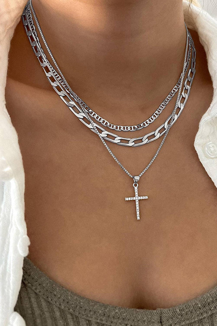 Gold Layered Chain Cross Pendant Necklace Set