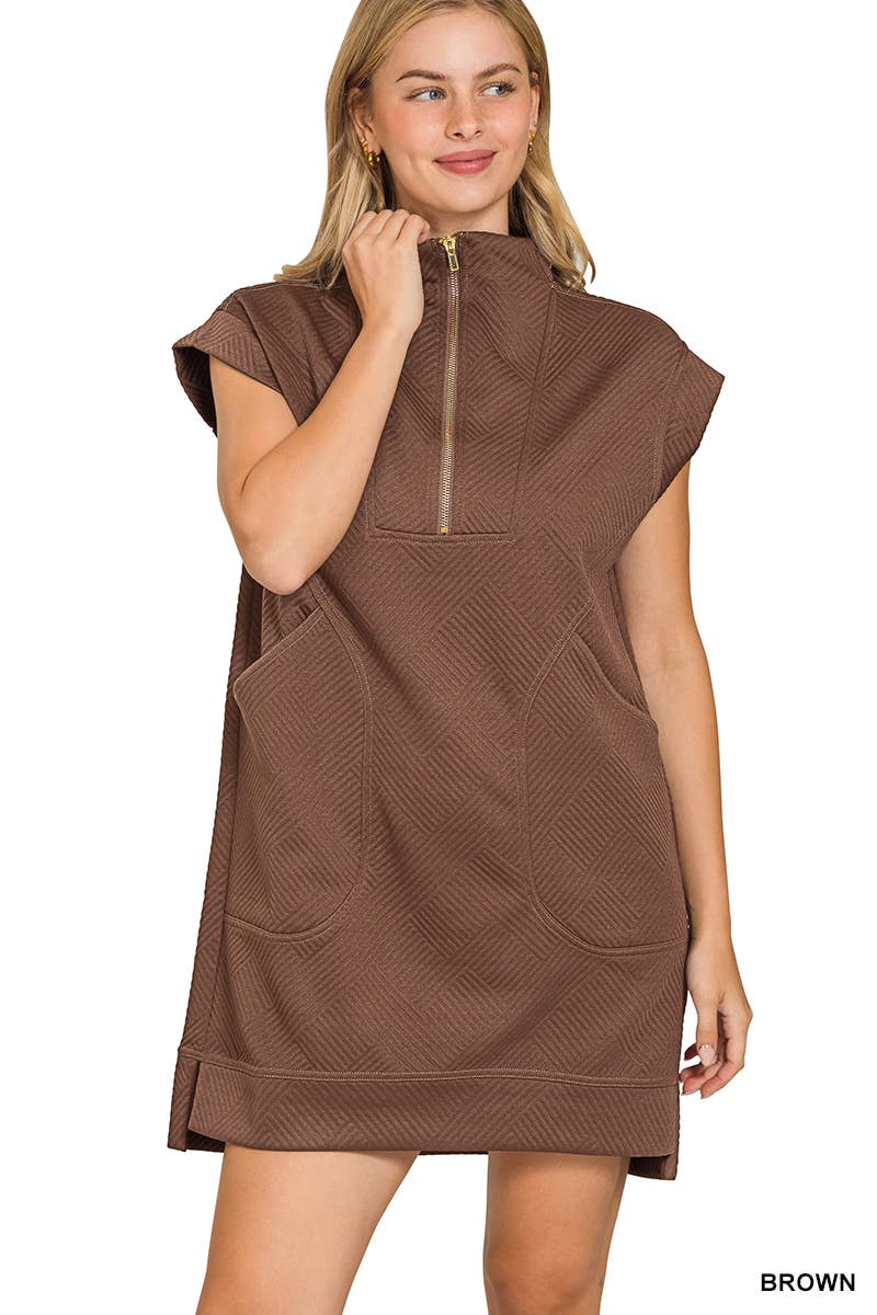 Textured Knit Jacquard Quarter Zipper Mini Dress