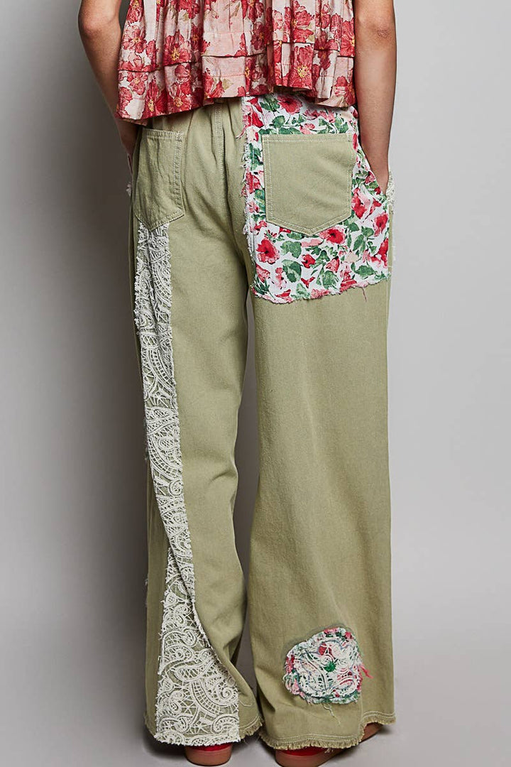 Pol Clothing - Drawstring Floral Patch Denim Pants