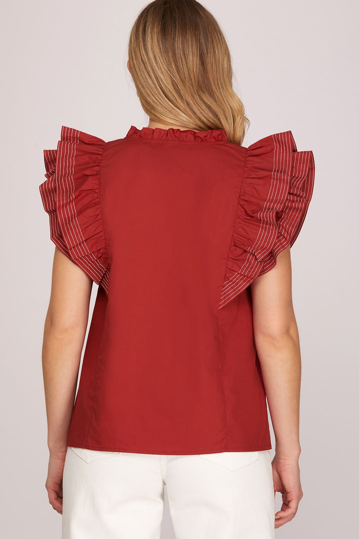 RUFFLE SLEEVE STICH DETAIL GAME DAY WOVEN TOP