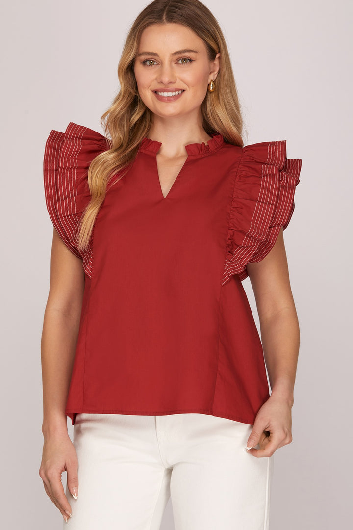 RUFFLE SLEEVE STICH DETAIL GAME DAY WOVEN TOP