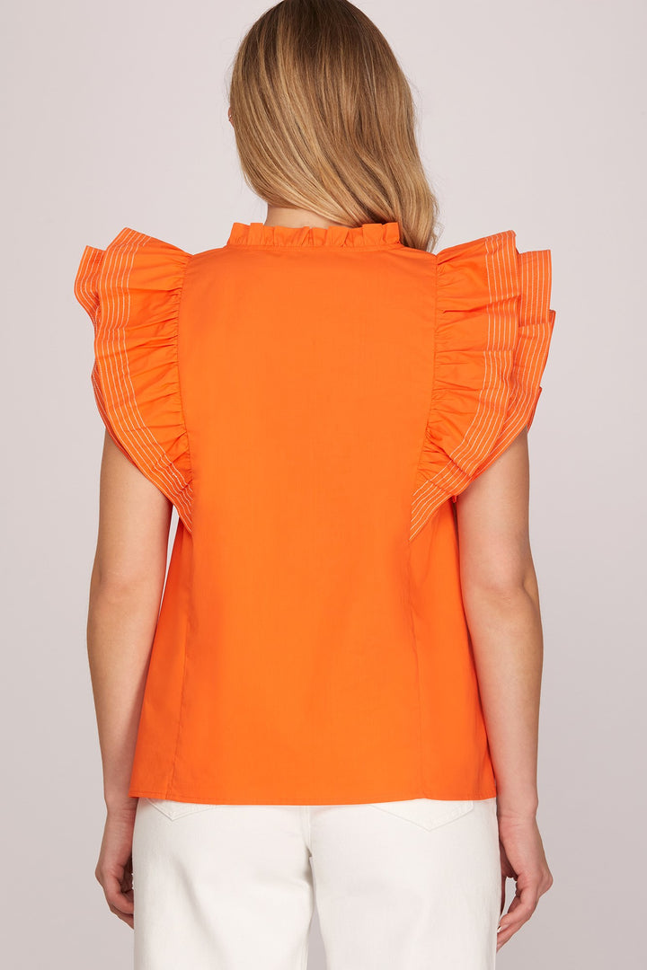 RUFFLE SLEEVE STICH DETAIL GAME DAY WOVEN TOP