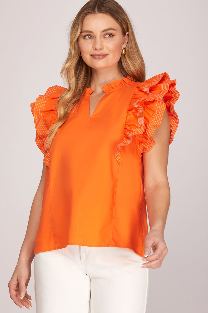 RUFFLE SLEEVE STICH DETAIL GAME DAY WOVEN TOP