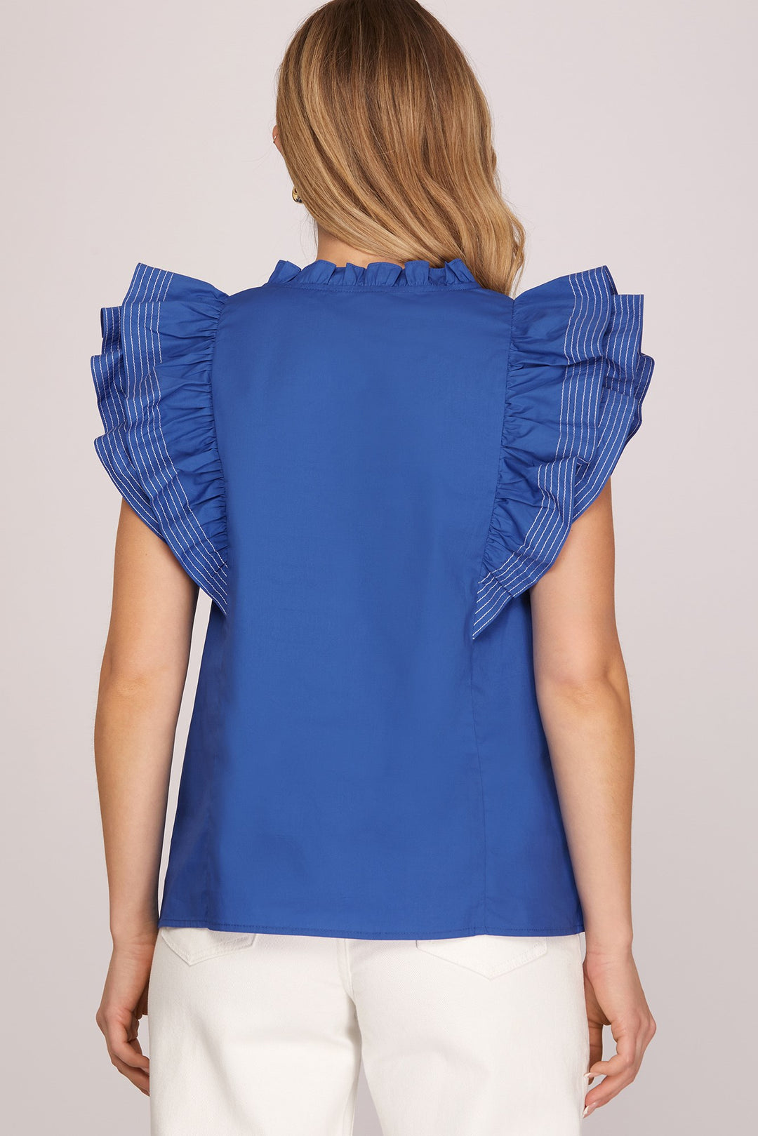 RUFFLE SLEEVE STICH DETAIL GAME DAY WOVEN TOP