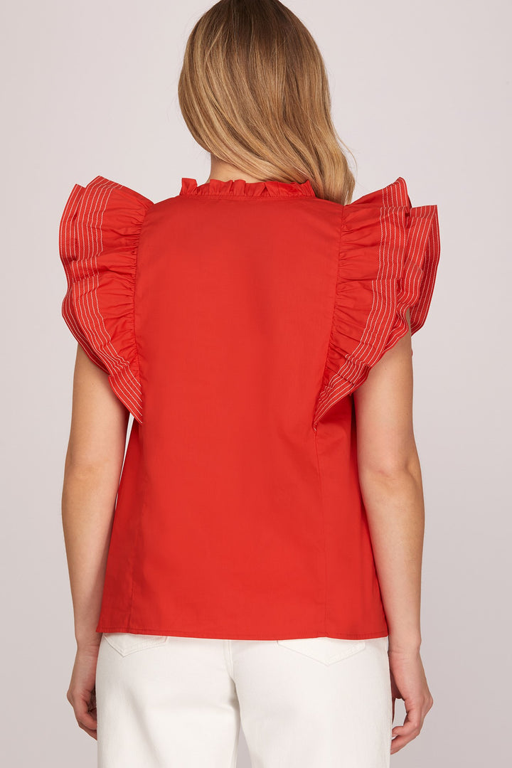 RUFFLE SLEEVE STICH DETAIL GAME DAY WOVEN TOP