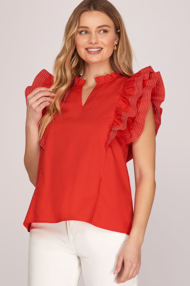 RUFFLE SLEEVE STICH DETAIL GAME DAY WOVEN TOP