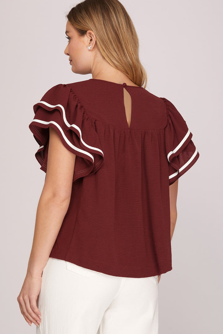 RUFFLE SLEEVE GAME DAY WOVEN TOP
