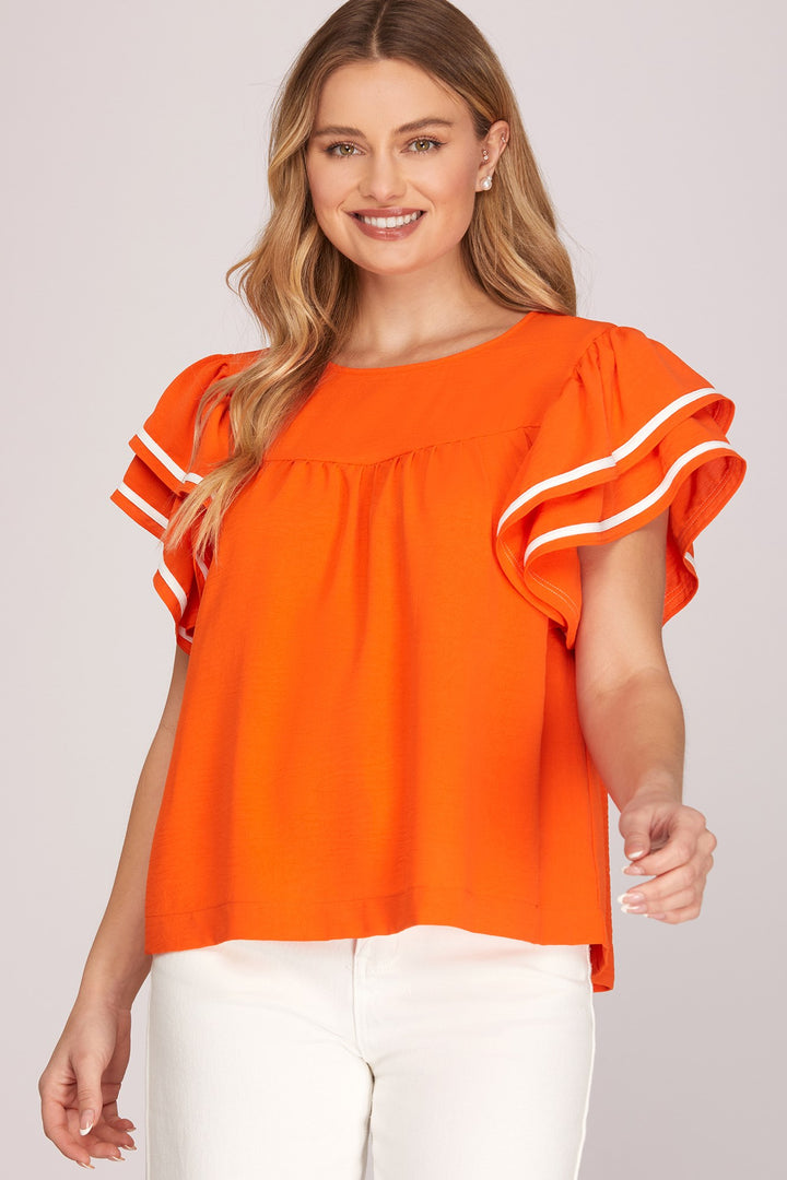 RUFFLE SLEEVE GAME DAY WOVEN TOP