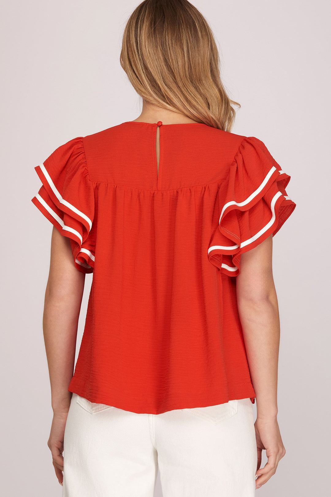 RUFFLE SLEEVE GAME DAY WOVEN TOP
