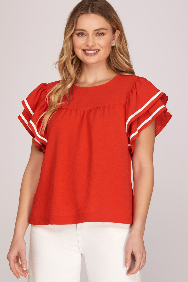 RUFFLE SLEEVE GAME DAY WOVEN TOP