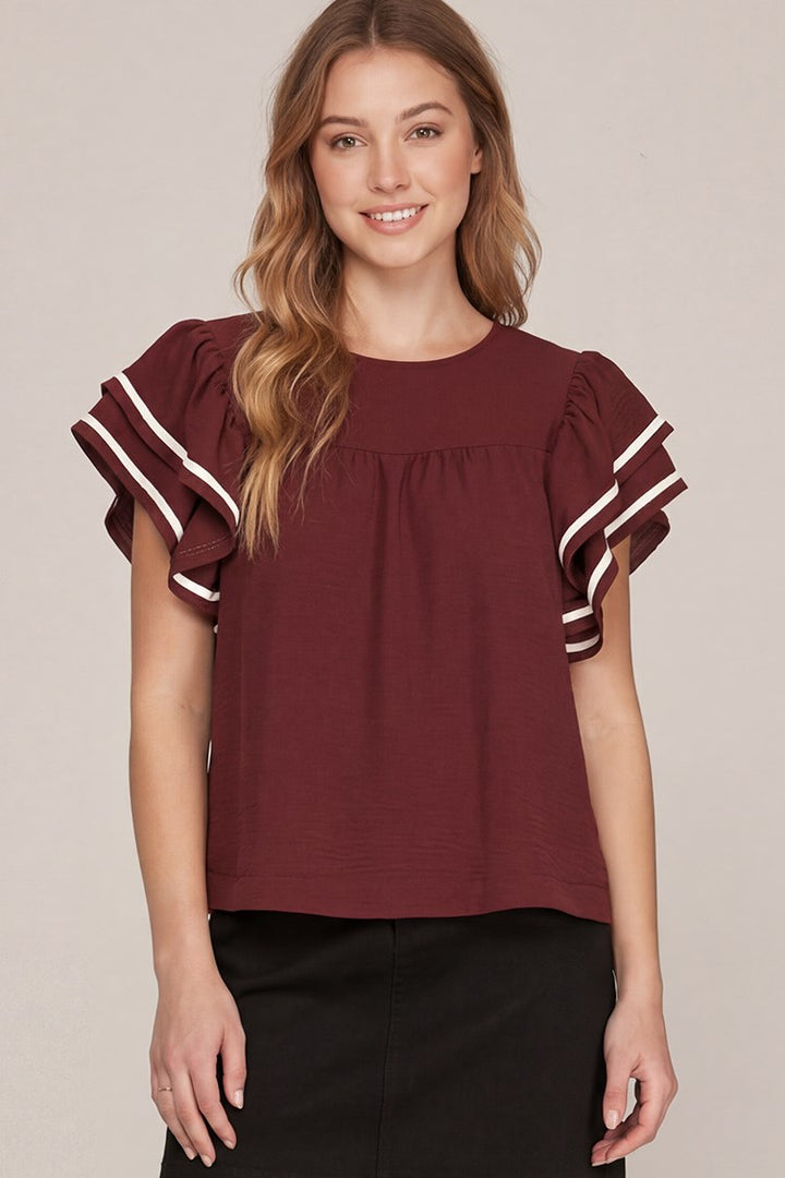 RUFFLE SLEEVE GAME DAY WOVEN TOP