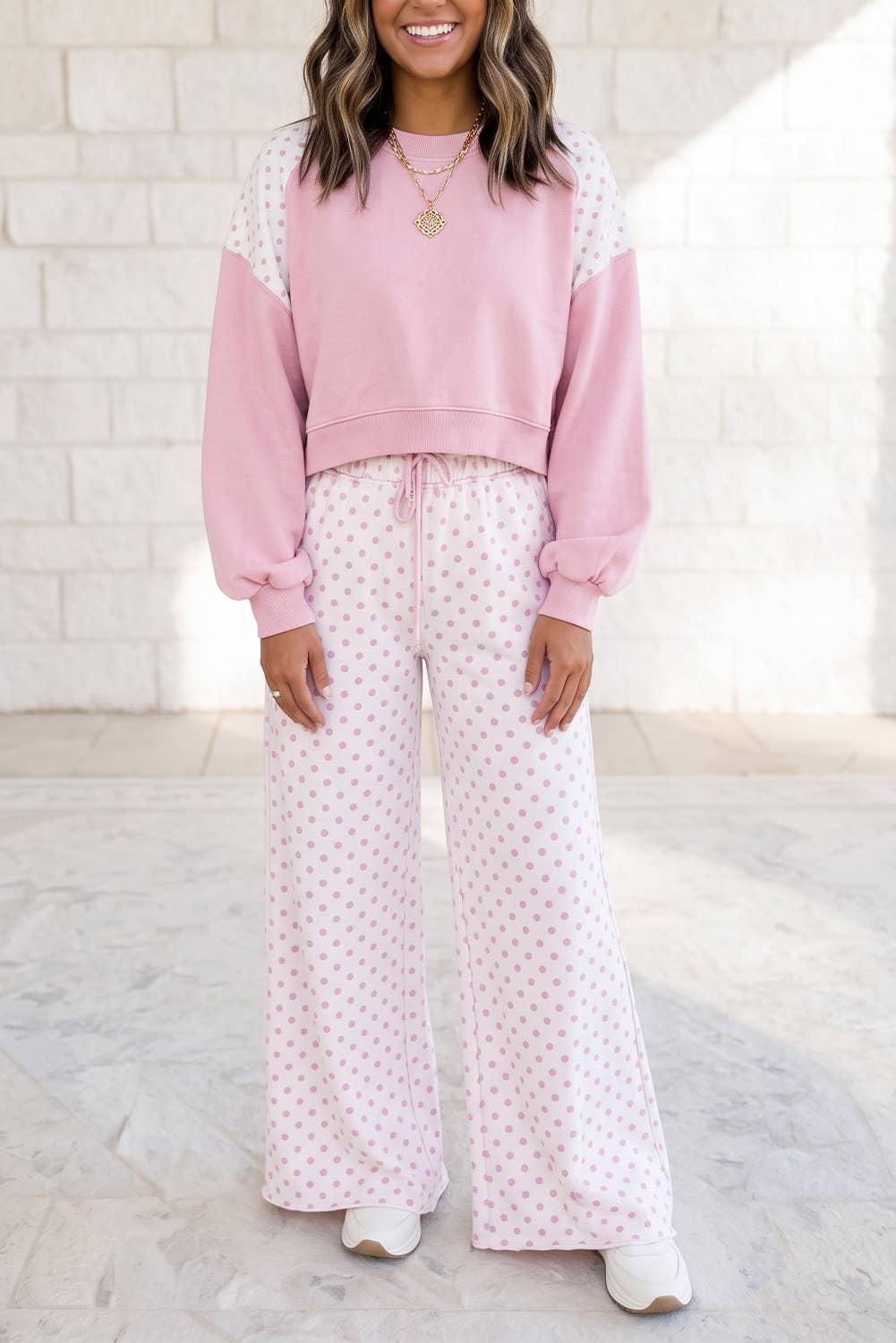 1 the Woman - Polka Dot Patchwork Long Sleeve Casual Two Piece Set S-4X