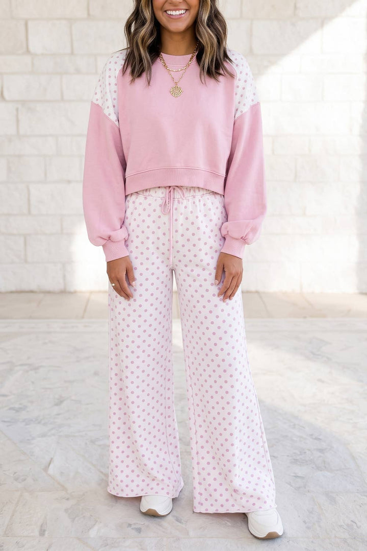 1 the Woman - Polka Dot Patchwork Long Sleeve Casual Two Piece Set S-4X