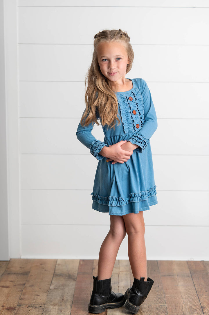 Adorable Sweetness - Girls Long Sleeve Solid Blue Ruffle Button Fall Winter Dress