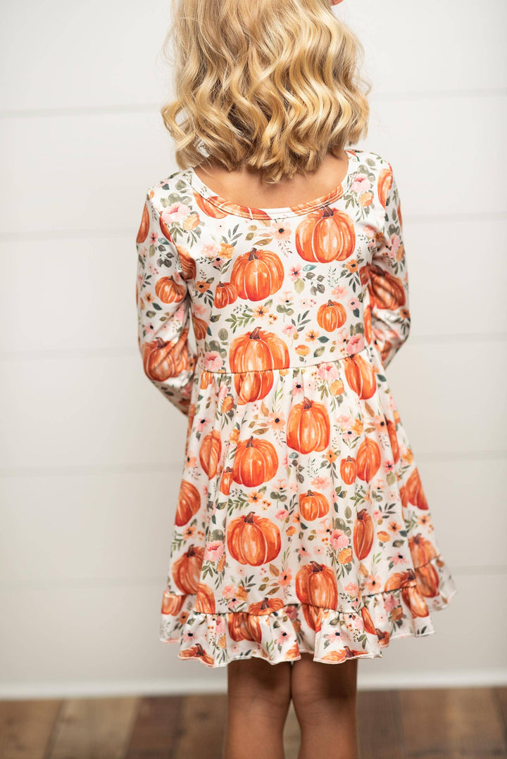 Kids Pumpkin &amp; Floral Print Long Sleeve Fall Twirl Dress
