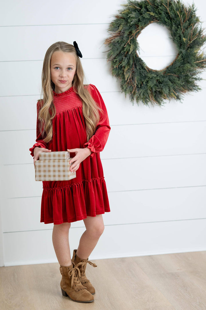Girls Alexa Red Smocked Velvet Fancy Holiday Party Dress