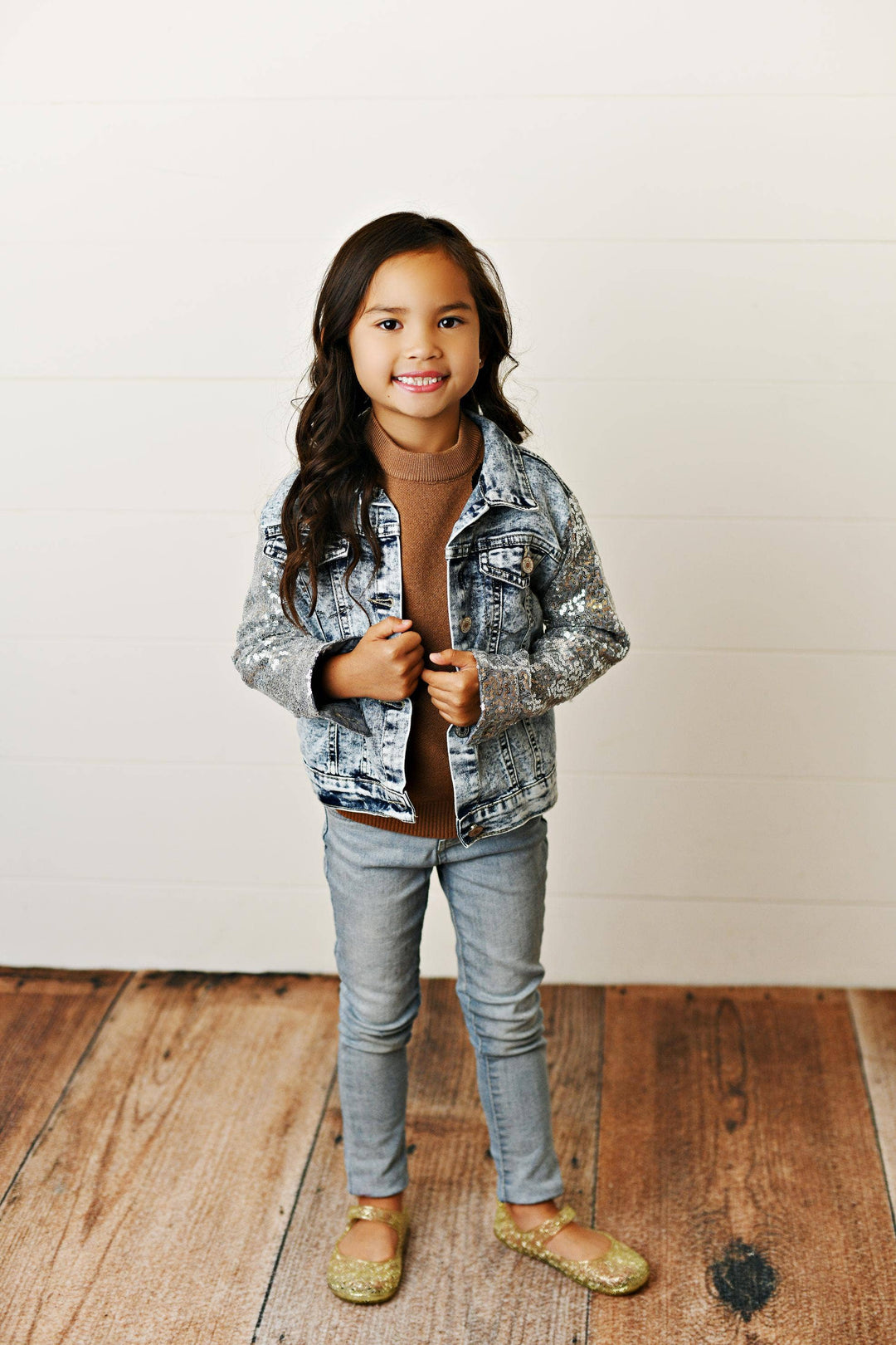 Kids Silver Sequin &amp; Light Wash Denim Button Pocket Jacket