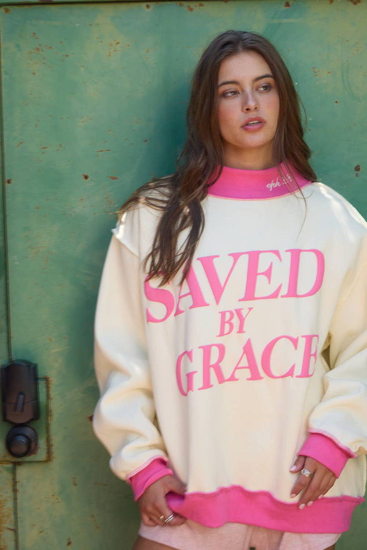 BUCKETLIST INC  Saved by Grace Puff Print Sweatshirt
