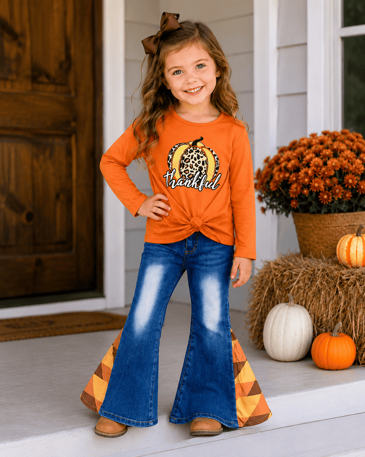 ILTEX Apparel - Thankful Orange Pumpkin Denim Outfit Kids