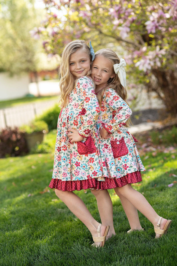Kids Cream &amp; Burgundy Floral Ruffle Button Pocket Fall Dress