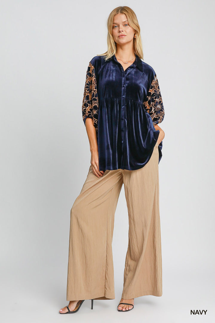 UMGEE Floral Lace Contrast Velvet Tunic- NAVY