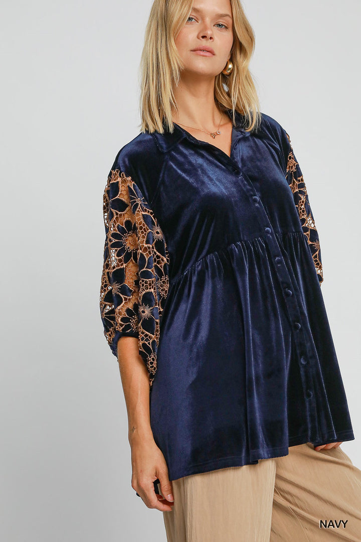 UMGEE Floral Lace Contrast Velvet Tunic- NAVY