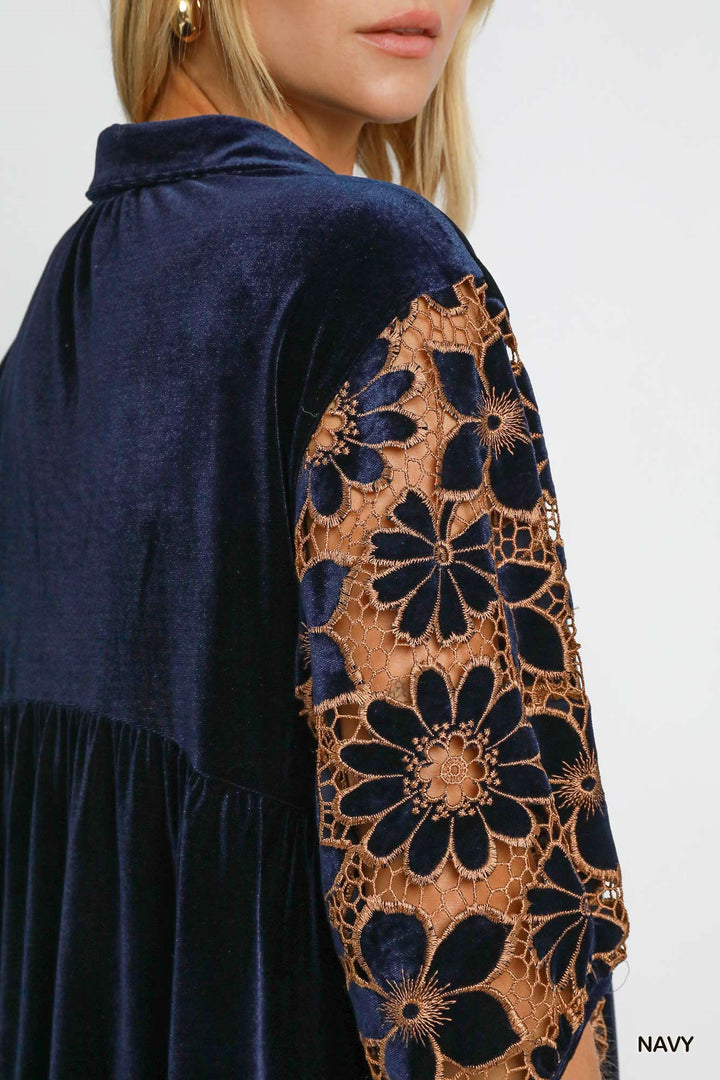 UMGEE Floral Lace Contrast Velvet Tunic- NAVY
