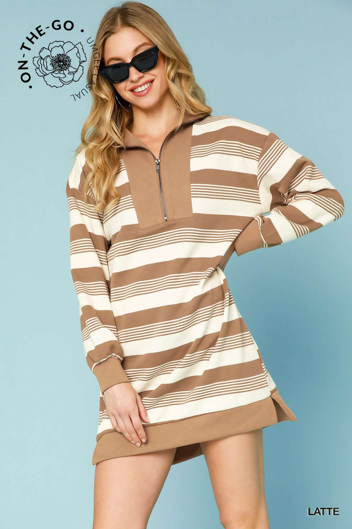 UMGEE Stripe Half Zip Up Dress-LATTE