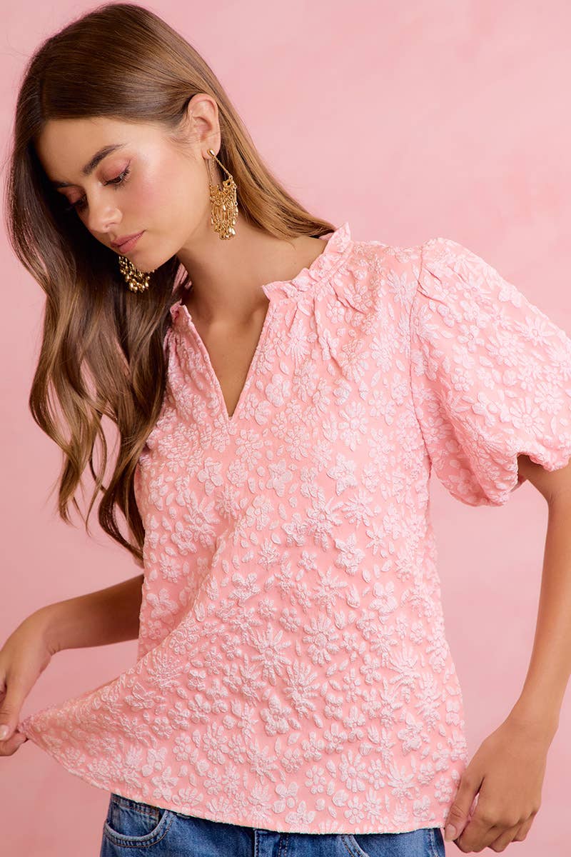 BiBi - FLORAL PATTERN TEXTURE SLEEVES RUFFLED V-NECK TOP