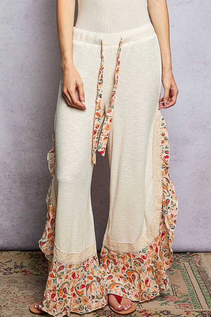 Pol Clothing - Floral Pattern Ruffle Detail Ribbed Knit Pants