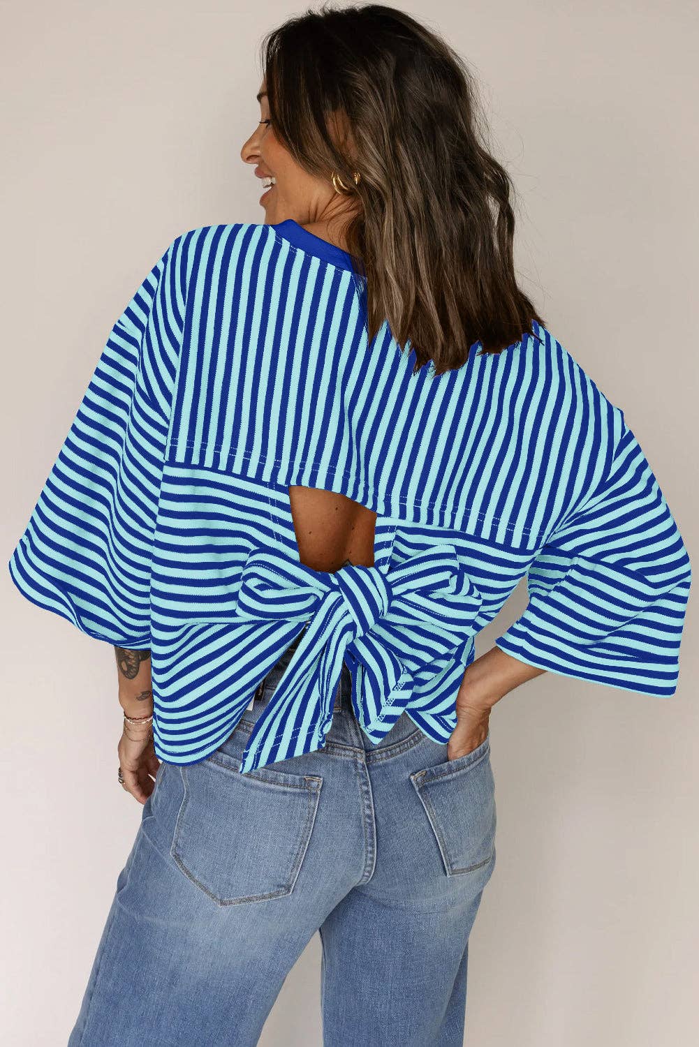 Pink Striped Knit Crew Neck Top with Back Bow Tie Detail