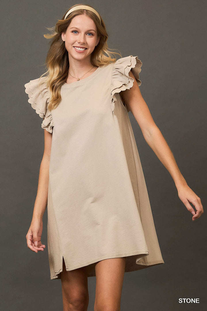UMGEE French Terry Mini Dress with Scalloped Ruffle Sleeves-STONE