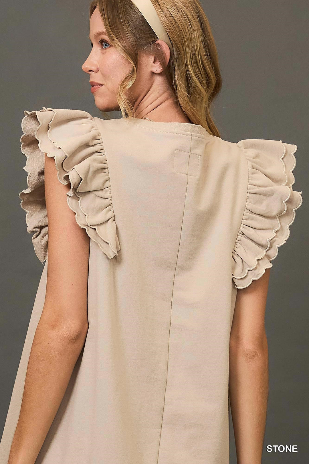 UMGEE French Terry Mini Dress with Scalloped Ruffle Sleeves-STONE