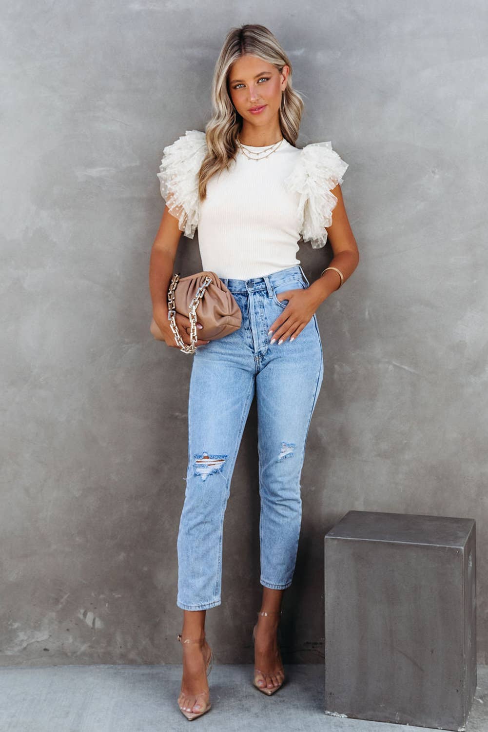 Mesh Ruffle Sleeve Ribbed Knit Top