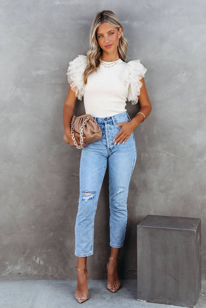 Mesh Ruffle Sleeve Ribbed Knit Top