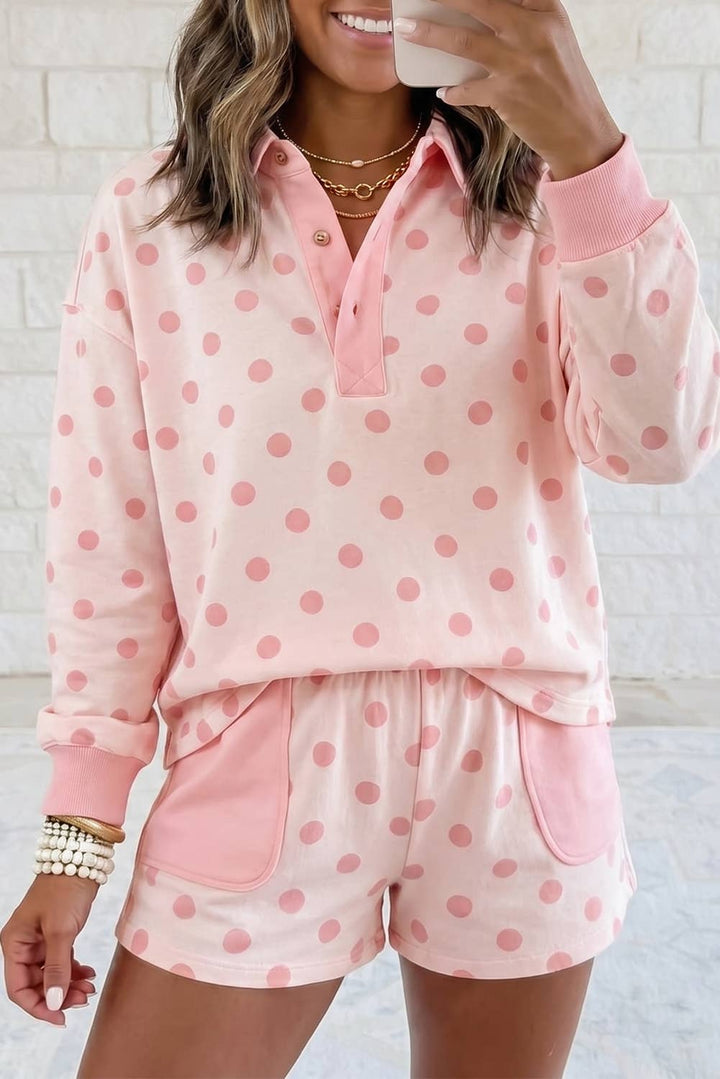 1 the Woman - Polka Dot Contrast Patchwork Long Sleeve Top Short Set