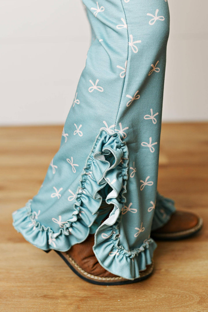 Kids Lucy Teal &amp; Pink Bow Hooded Ruffle Pocket Lounge Set