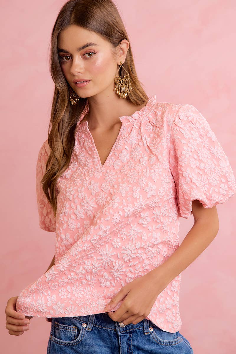 BiBi - FLORAL PATTERN TEXTURE SLEEVES RUFFLED V-NECK TOP