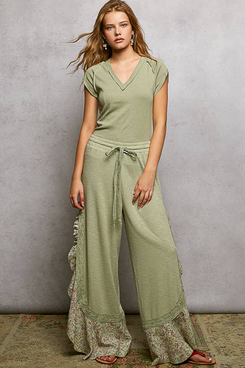 Pol Clothing - Floral Pattern Ruffle Detail Ribbed Knit Pants