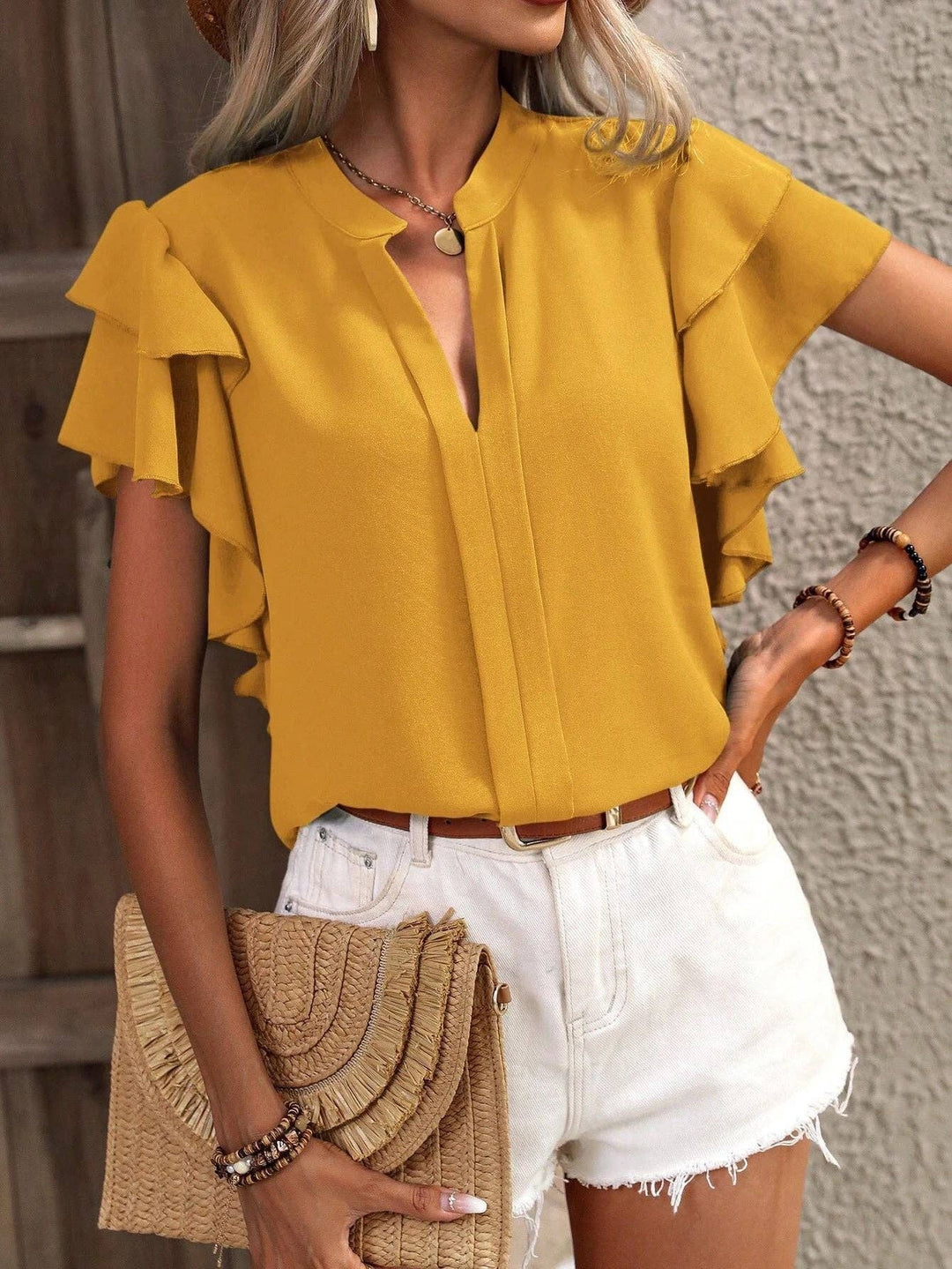 V-Neck Double-Layer Lotus Leaf Sleeve Solid Color Casual Top