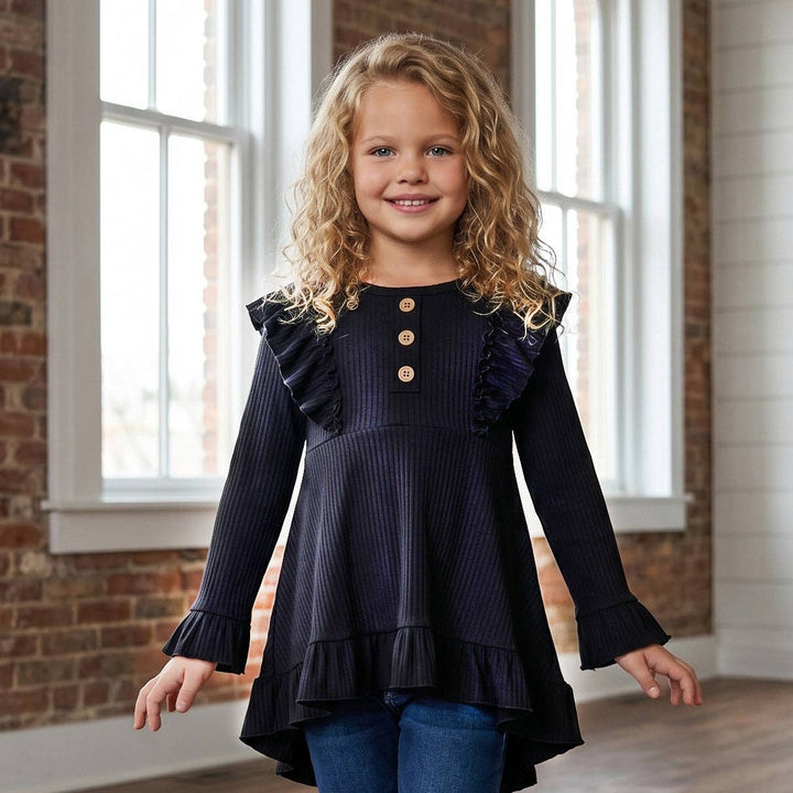 Kids Black Ribbed Long Sleeve Button Ruffle Shirt