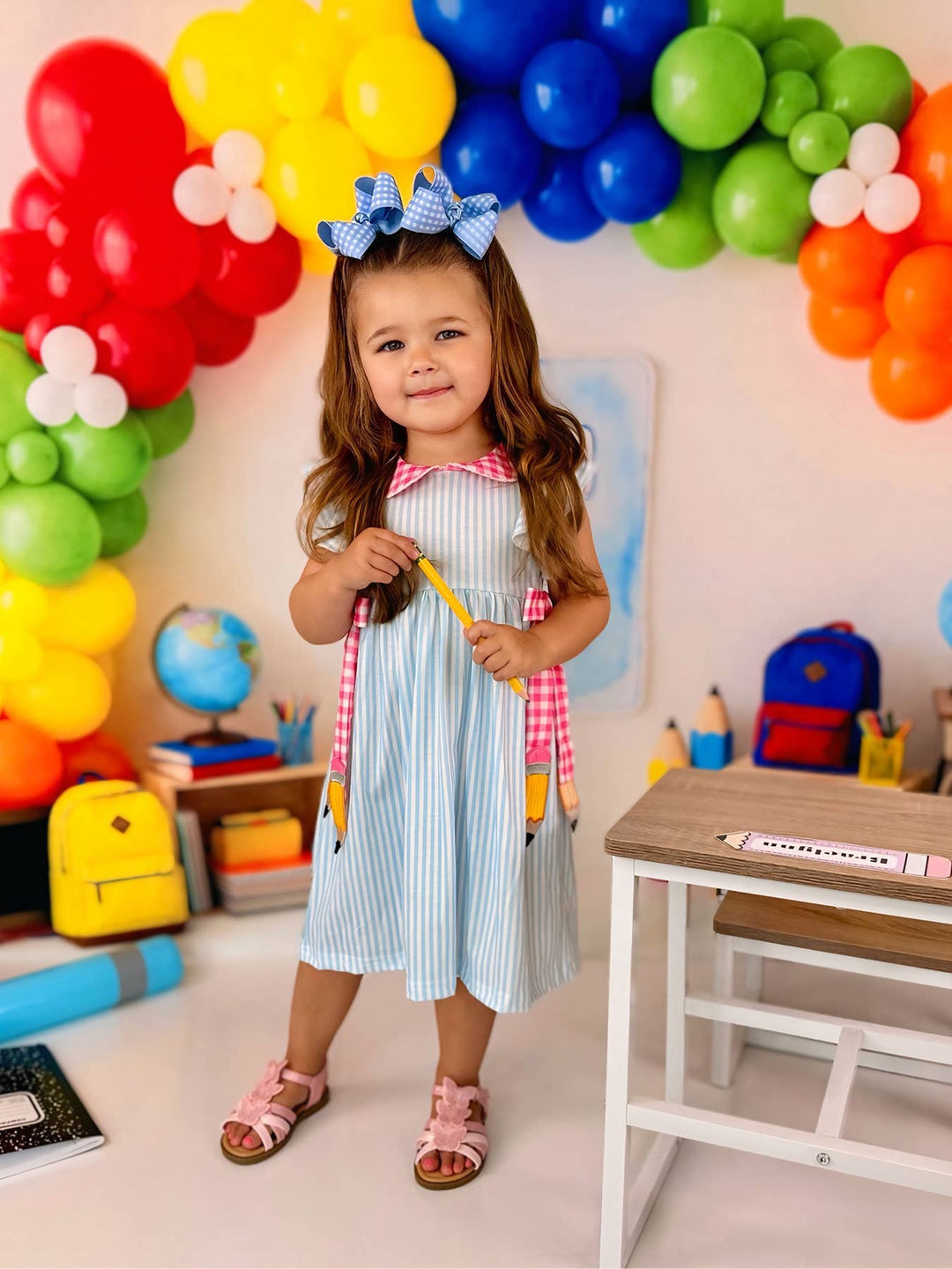 Back To School Girls Striped lapels Bow Dress