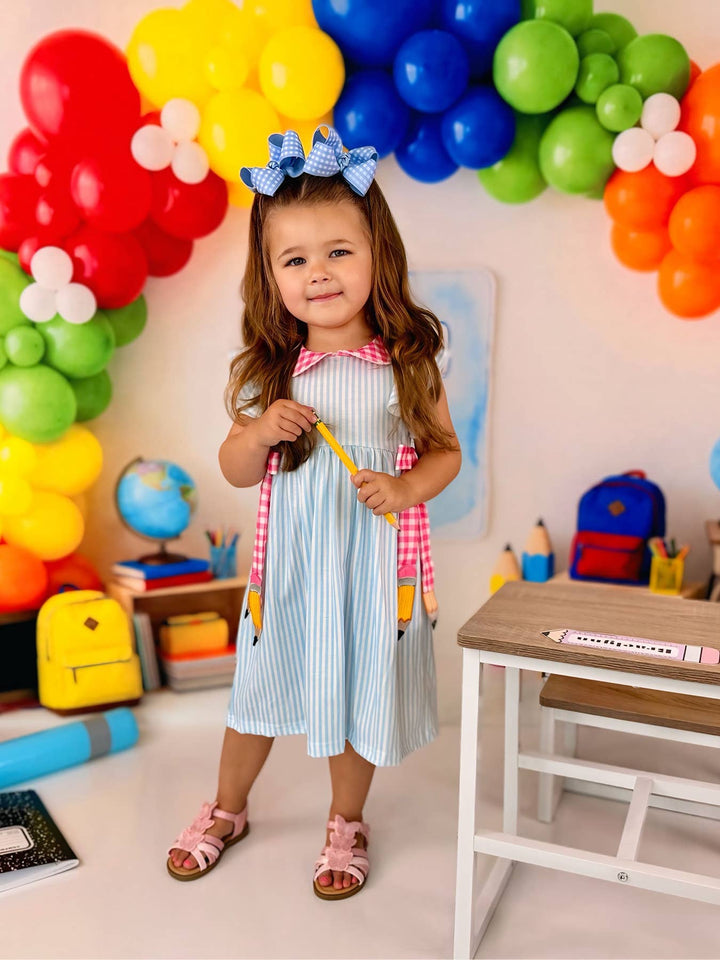 Back To School Girls Striped lapels Bow Dress