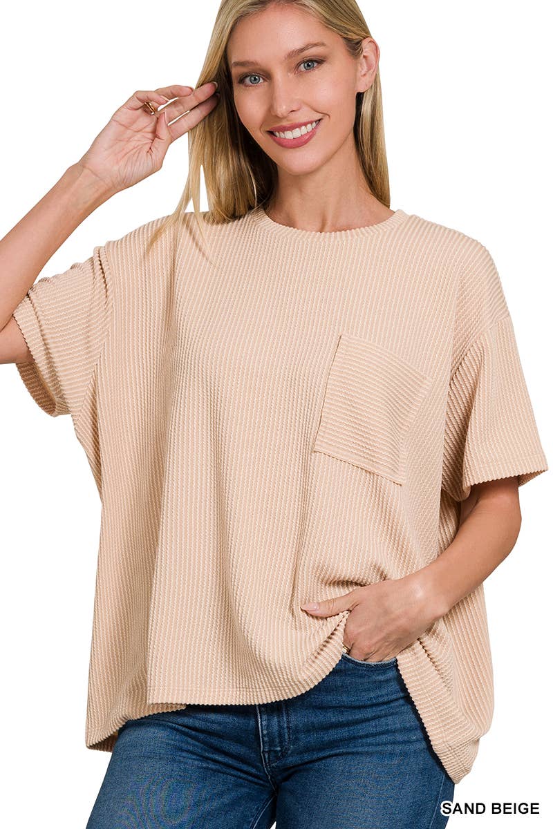42POPS - Corded Rib Short Sleeve Front Pocket Top