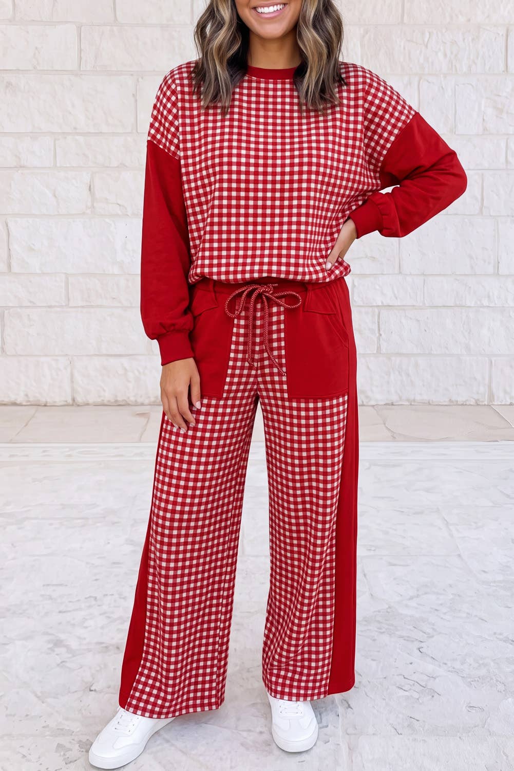 1 the Woman - Plaid Patchwork Long Sleeve Pullover Wide Leg Pant Set