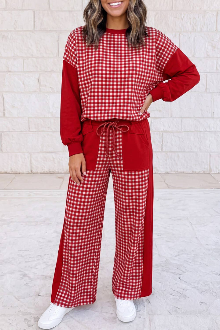 1 the Woman - Plaid Patchwork Long Sleeve Pullover Wide Leg Pant Set