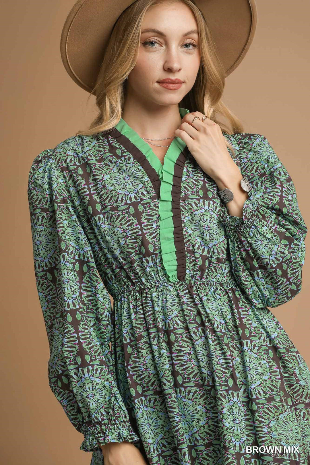 UMGEE Two Tone Boho Print Long Sleeve Dress