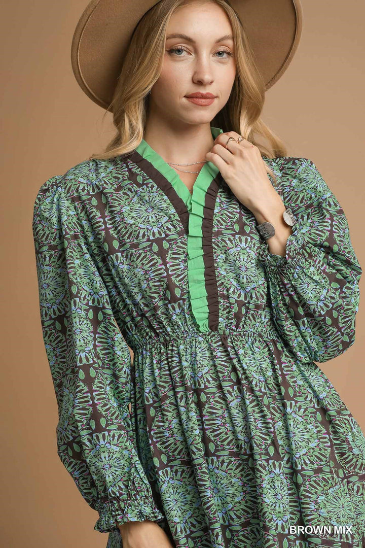 UMGEE Two Tone Boho Print Long Sleeve Dress
